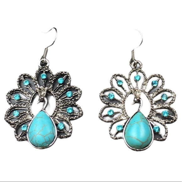 Peacock Drop Earrings Boho Fake Turquoise - Picture 7 of 8